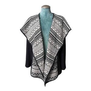 En Crème Black White Aztec Pattern Open Front Cardigan Sweater Size M